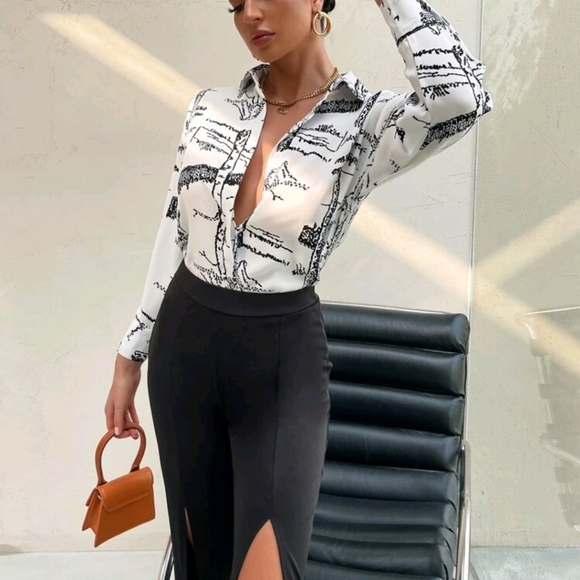 Graphic Print Button Front Blouse - Picture 6 of 7